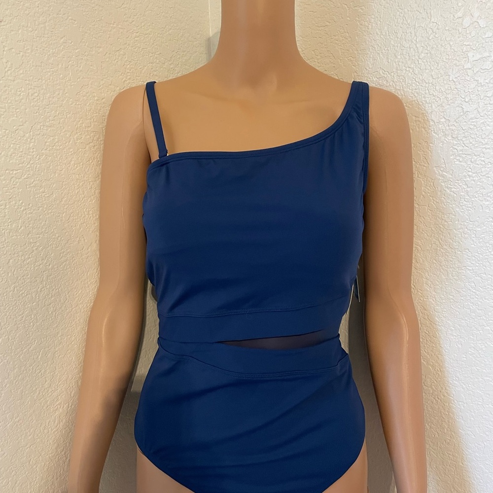 One-Shoulder Navy Blue Cutout Swimsuit